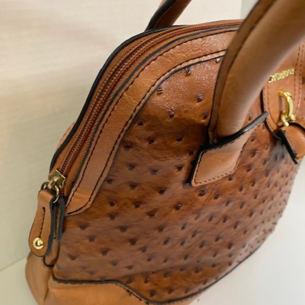 London Fog Ostrich  Faux Leather Handbag Satchel Tan/brown - Picture 5 of 9